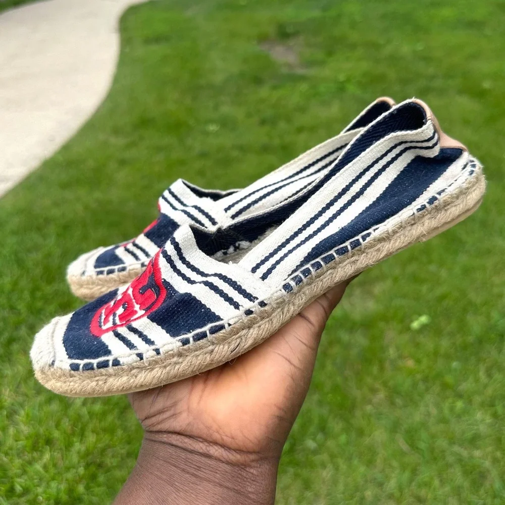 Tory Burch Women's Navy White Red Striped Canvas Espadrille Flats Size 7 Shoes